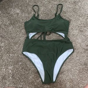 Womens Scoop Neck Cut Out Front Lace Up Back High Cut Monokini OnePiece Swimsuit